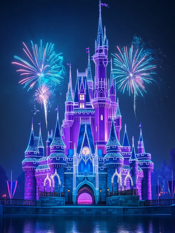 被烟花照亮的迪士尼城堡夜景