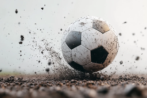 足球空中飞翔土壤溅起