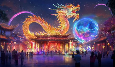 灯火辉煌处巨龙飞舞的热闹夜景