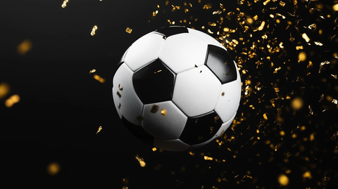 足球飞翔与金色彩纸背景