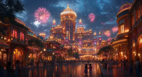 夜晚璀璨烟花下的华丽城堡式商业街