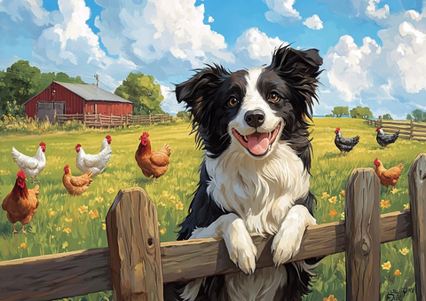 边牧坐篱笆旁看镜头农场动物环绕