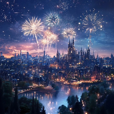 夜景中绽放烟花的欧式城堡城市景观