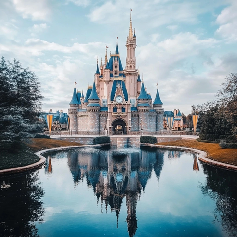 城堡倒影相映成趣的迪士尼乐园美景