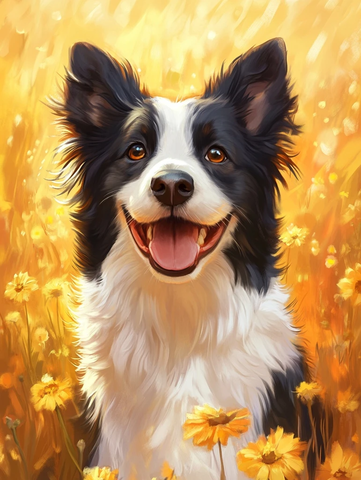 边牧犬脸庞与舌尖野花背景