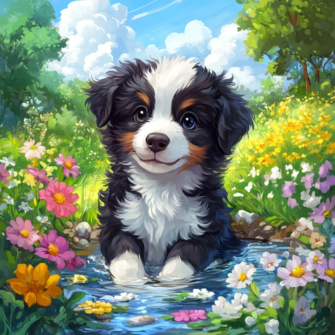 牧羊犬幼犬溪流花朵树林