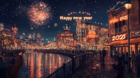 新年烟花下热闹的城市街道夜景