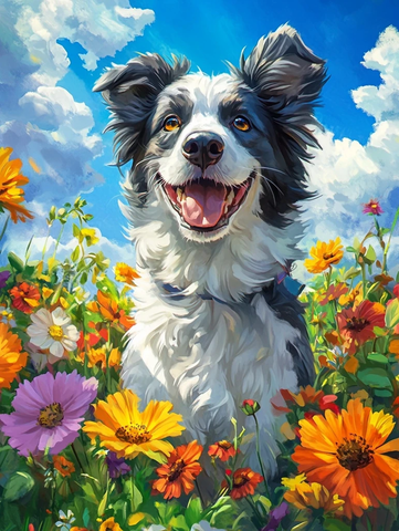 白灰边牧与彩色花丛