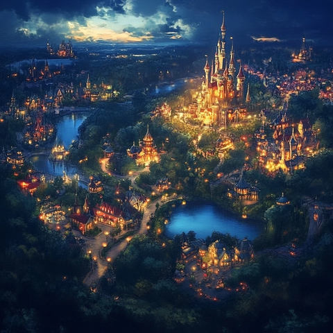 夜晚灯光璀璨的童话城堡及小镇全景