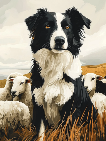 牧羊犬与羊群插画