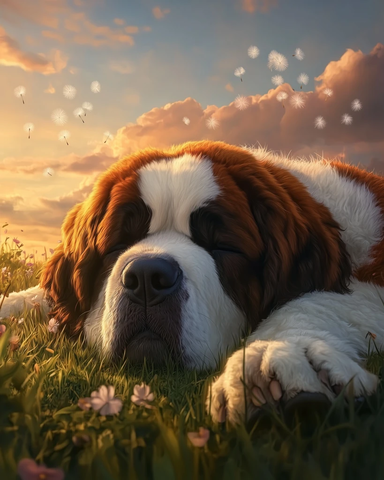 圣伯纳犬躺绿野宁静夜