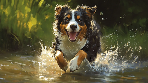 牧羊犬水中奔跑插画