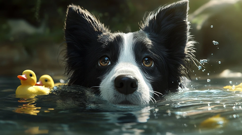 边境牧羊犬游泳黄色小鸭