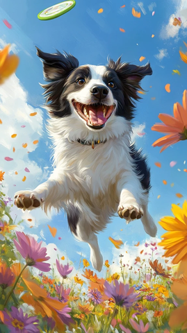 牧羊犬跃过野花接飞盘