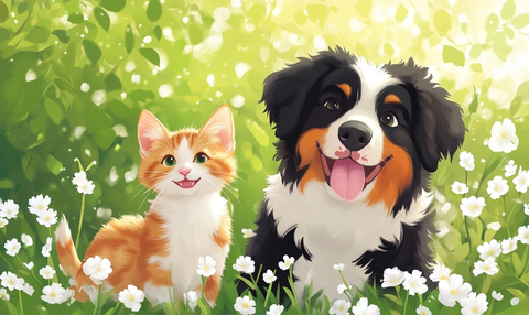 可爱犬猫草地友好互动