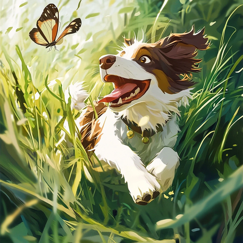 黑白边牧追逐蝴蝶草地场景