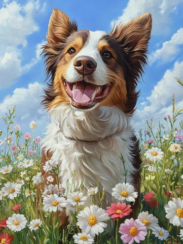 黄色牧羊犬花田微笑