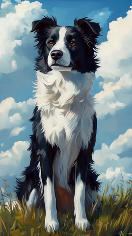 黑白边牧草地油彩画