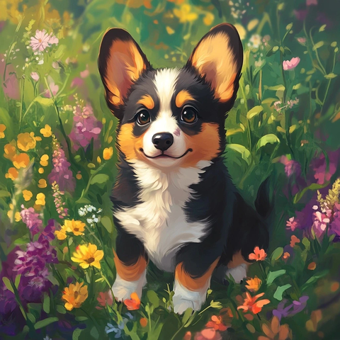 魔法小柯基花丛中