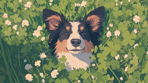 草地上的三色雪特兰犬与三叶草