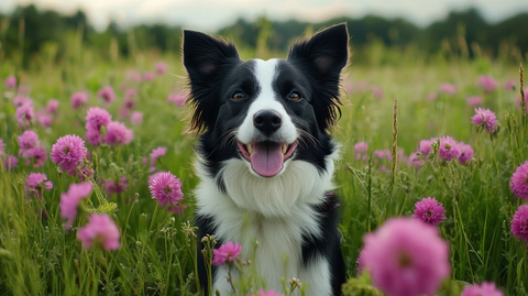 花丛中的快乐街边小狗