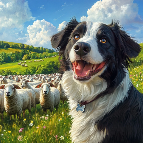 边牧与绵羊群绿野