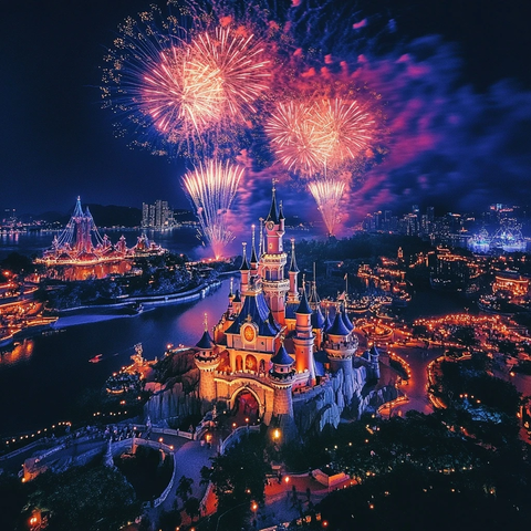 迪士尼城堡夜景烟花绽放全景