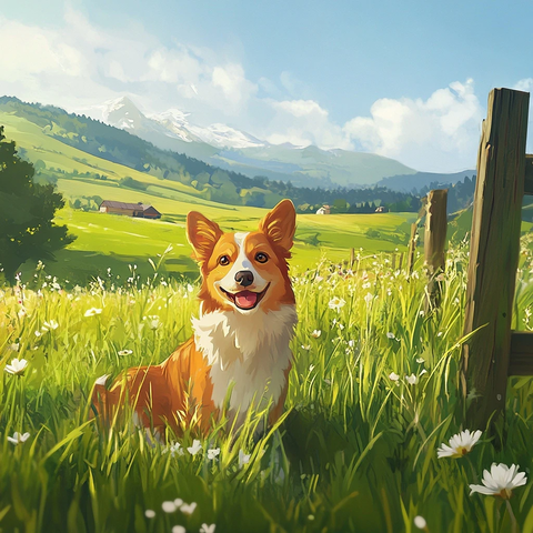 绿野草地狗儿玩耍木栅栏