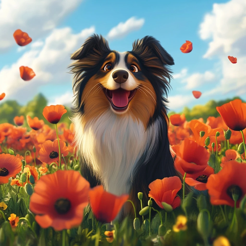 三色雪特兰牧羊犬在罂粟花田