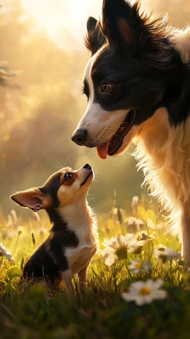 边境牧羊犬与吉娃娃草地嬉戏