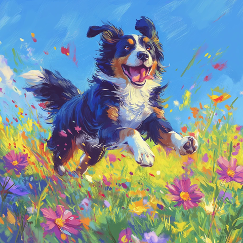 黑边牧疾驰野花原