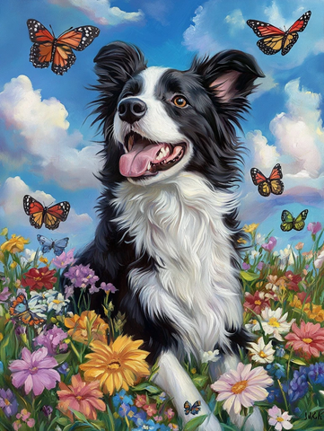 黑白牧羊犬嬉戏蝴蝶花海