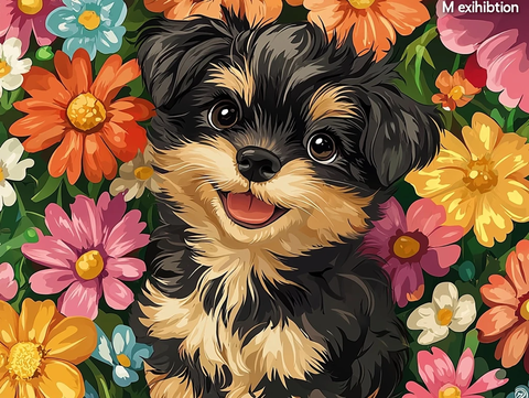 可爱小狗坐在花丛中