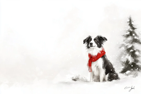 边牧红围巾雪景冬日树