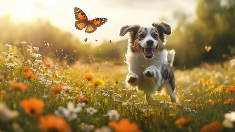 狗追蝴蝶跃花丛