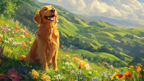 黄金猎犬坐在绿草山丘