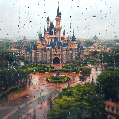 雨中的迪士尼城堡远景