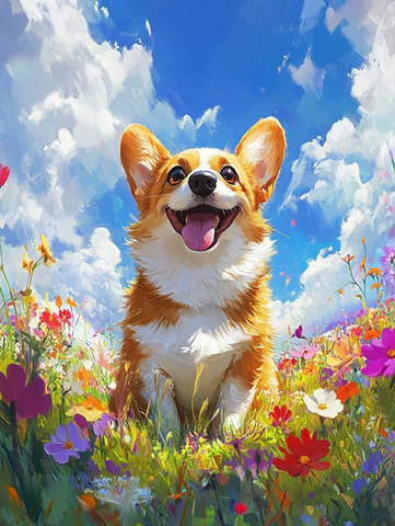 科基犬坐花丛中微笑