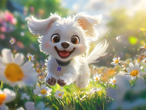 白毛小猎犬公园追玩花丛间