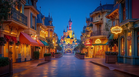 商业街夜景尽头是童话般的城堡