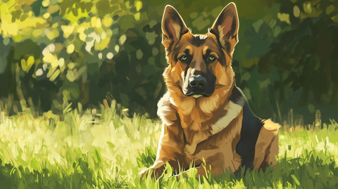 德国牧羊犬坐绿草地