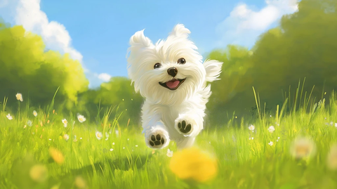 白毛犬奔跑绿野