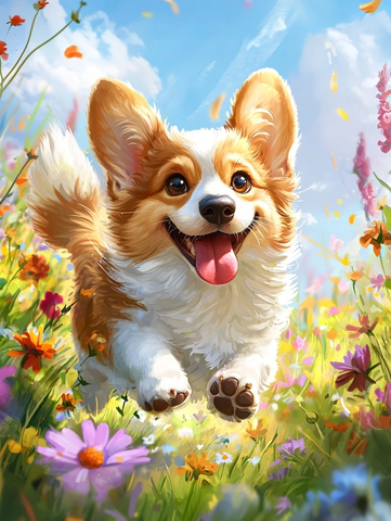 科基犬花丛中奔跑