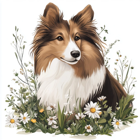设得兰牧羊犬与花卉插画