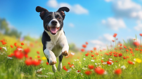 黑白牧羊犬奔跑红花朵草地