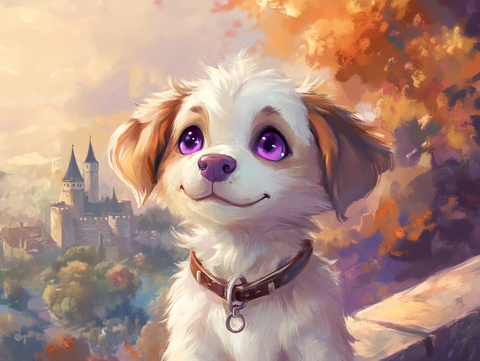 紫眼小狗佩戴项圈城堡背景