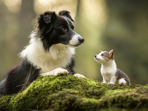 边境牧羊犬与貂森林场景