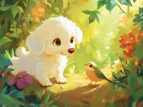 小狗温柔俯身鸟儿仰望