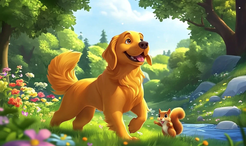 金毛犬追逐松鼠穿越森林