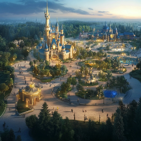 城堡主题游乐园夜景全景